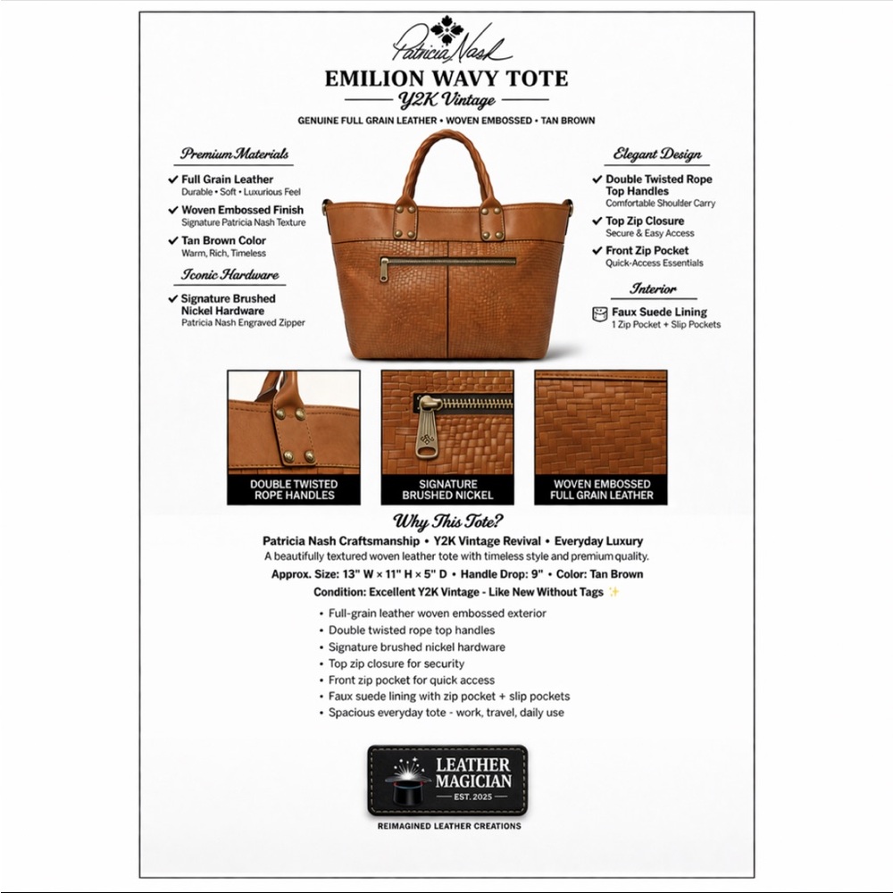 Patricia Nash Emilion Tote Full Grain Leather Woven Embossed Tan Y2K Vintage